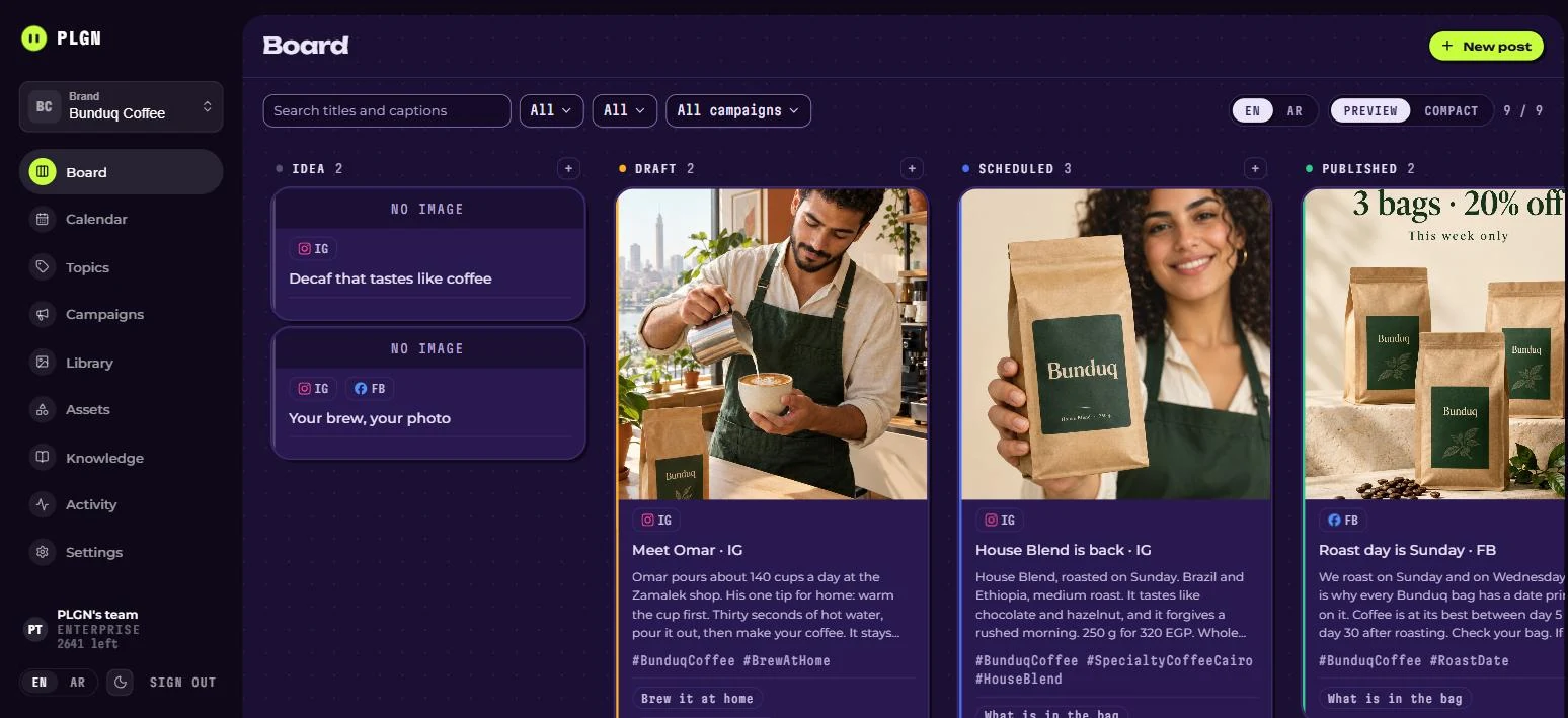 The PLGN board for a coffee brand: ideas, drafts, scheduled and published posts side by side, each with its picture.