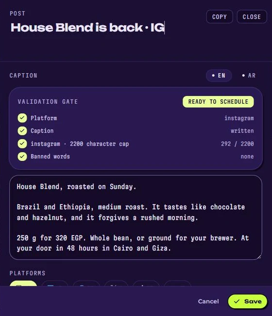 A post open in PLGN. Its quality check passes: platform, caption, character limit and banned words.